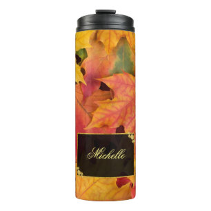 Fall Leaves Gold and Black Label Custom Monogram Thermal Tumbler