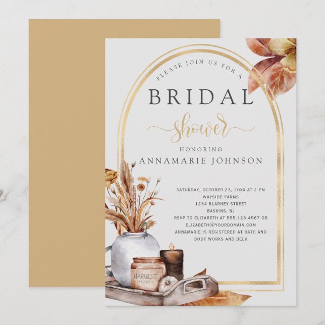 Fall Leaves Gold Arch Still Life Bridal Shower Invitation (Front/Back)