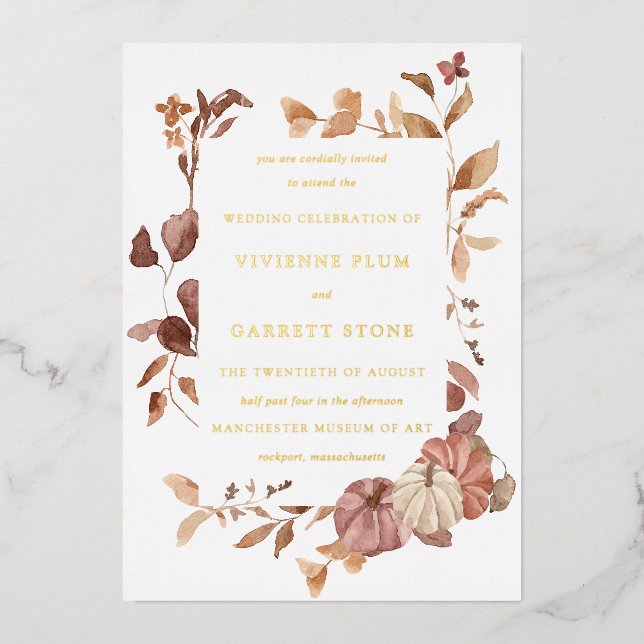 Fall Leaves Gold Foil Wedding Invitation Postcard (Front)