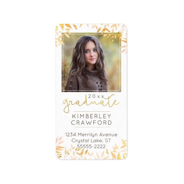 Fall Leaves & Gold Graduate Photo Return Address Label (Front)