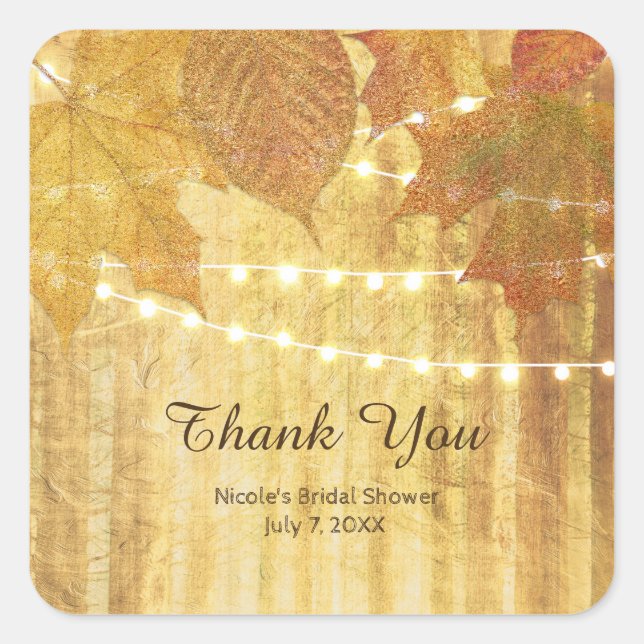 Fall Leaves Golden Autumn Rustic Woods Favour Square Sticker (Front)