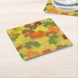 Fall Leaves - Golden Background Square Paper Coaster