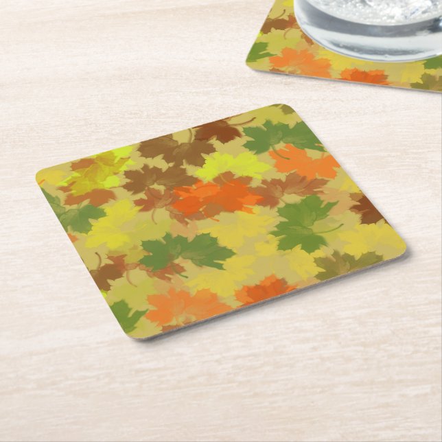 Fall Leaves - Golden Background Square Paper Coaster (Angled)