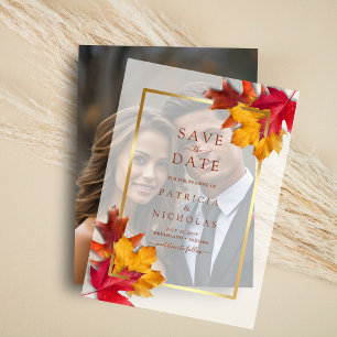 Fall Leaves Golden Frame Wedding Save the Date Vellum Invitations