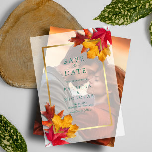Fall Leaves Golden Frame Wedding Save the Date Vellum Invitations
