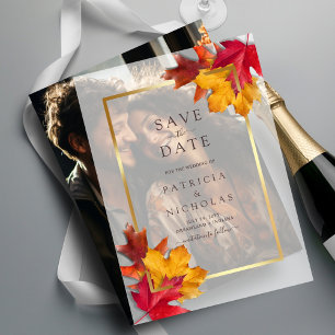 Fall Leaves Golden Frame Wedding Save the Date  Vellum Invitations