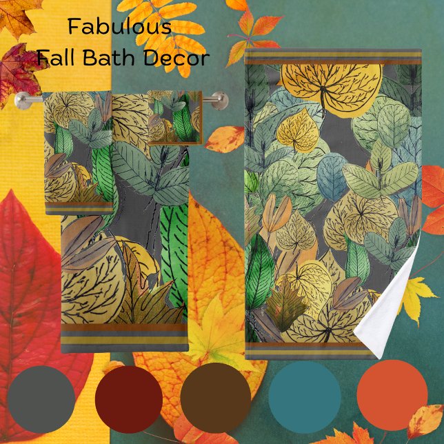 Fall Leaves Green, Brown, Rust, Smokey Grey Bath Towel Set (Creator Uploaded)
