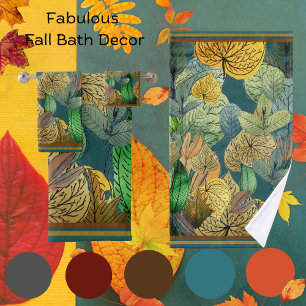 Fall Leaves Green, Brown, Rust, Teal Backing Bath Towel Set