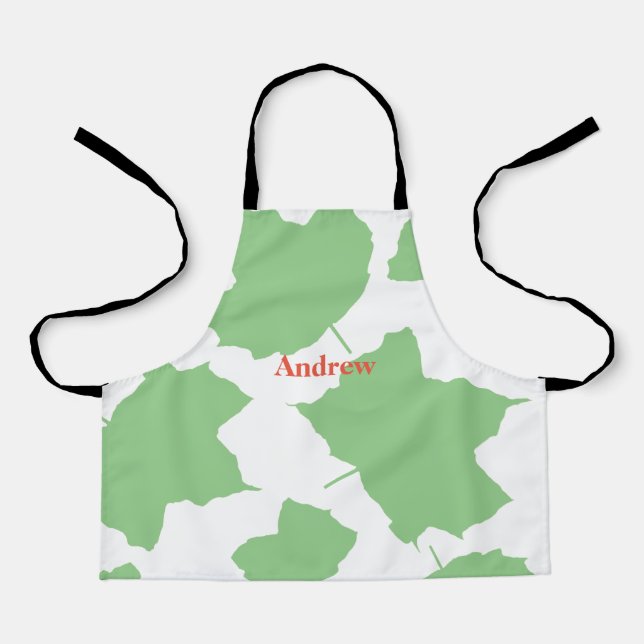 Fall Leaves Green White Autumn Thanksgiving Name Apron (Front)