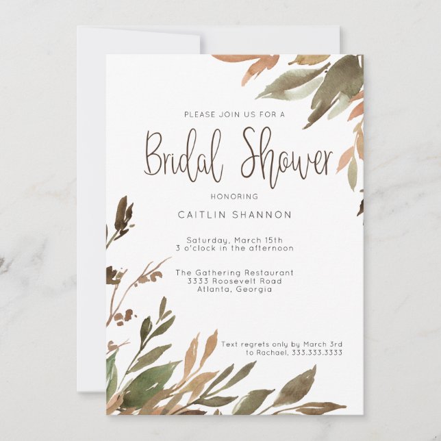 Fall Leaves Greenery Watercolor Bridal Shower Invitation (Front)