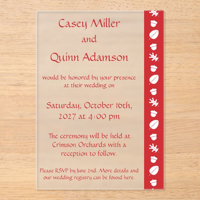 Fall Leaves in Cherry Acrylic Wedding  Invitations (Front)