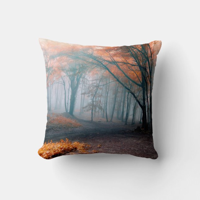 Fall Leaves in Foggy Woods Pillow (Front)