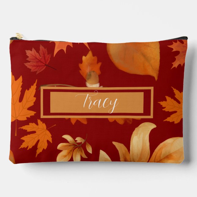 Fall leaves in red orange & gold pretty custom  accessory pouch (Front)