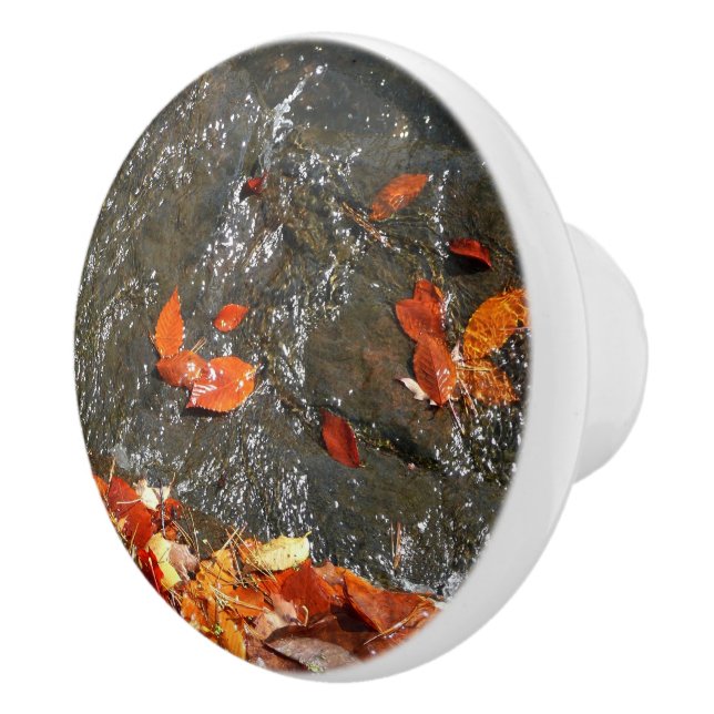 Fall Leaves in Waterfall I Autumn Photography Ceramic Knob (Right)