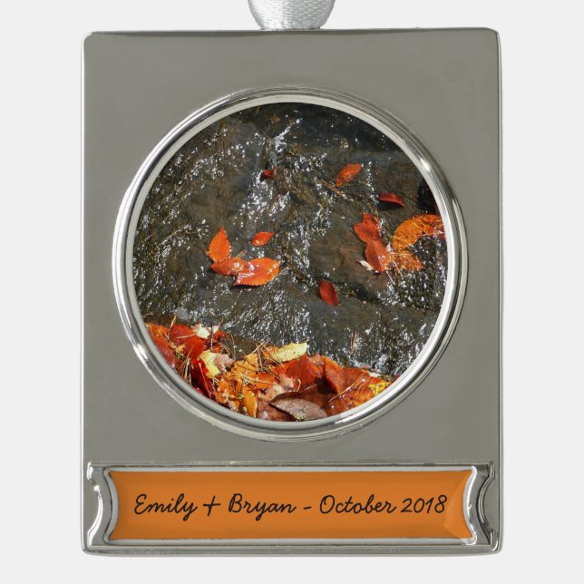 Fall Leaves in Waterfall I Autumn Photography Silver Plated Banner Ornament (Front)