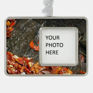 Fall Leaves in Waterfall I Autumn Photography Silver Plated Framed Ornament