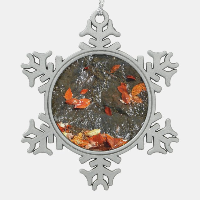 Fall Leaves in Waterfall I Autumn Photography Snowflake Pewter Christmas Ornament (Front)