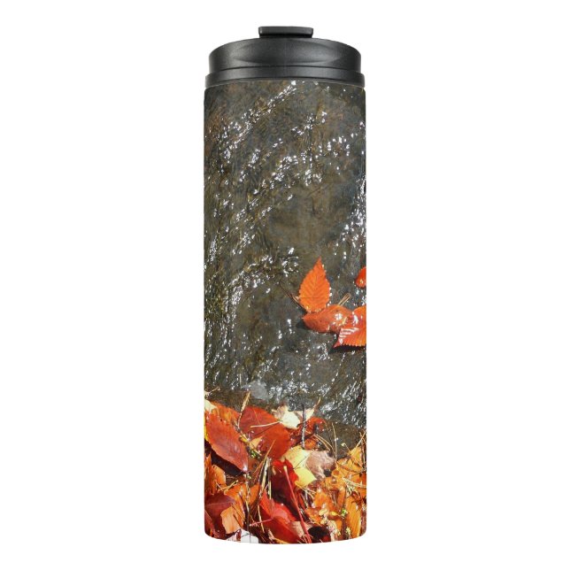 Fall Leaves in Waterfall I Autumn Photography Thermal Tumbler (Front)