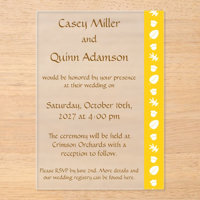 Fall Leaves in Yellow Acrylic Wedding  Invitations (Front)