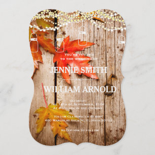 Fall Leaves & Lights Mason Jars Rustic Wedding Invitation