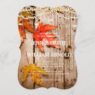 Fall Leaves & Lights Mason Jars Rustic Wedding Invitation