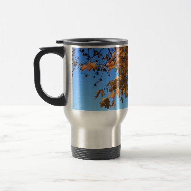Fall,leaves,maple, blue sky travel mug (Left)