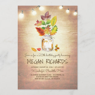 Fall Leaves Mason Jar Rustic Birthday Party Invitation