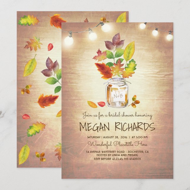 Fall Leaves Mason Jar Rustic Country Bridal Shower Invitation (Front/Back)