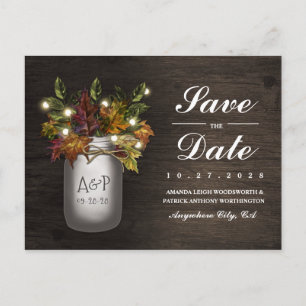 Fall Leaves Mason Jar Rustic Save The Date Cards
