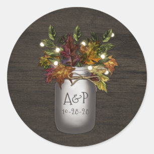 Fall Leaves Mason Jar Rustic Wedding Favour Classic Round Sticker