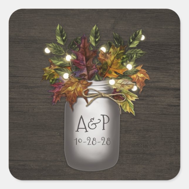Fall Leaves Mason Jar Rustic Wedding Favour Square Sticker (Front)