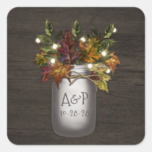 Fall Leaves Mason Jar Rustic Wedding Favour Square Sticker