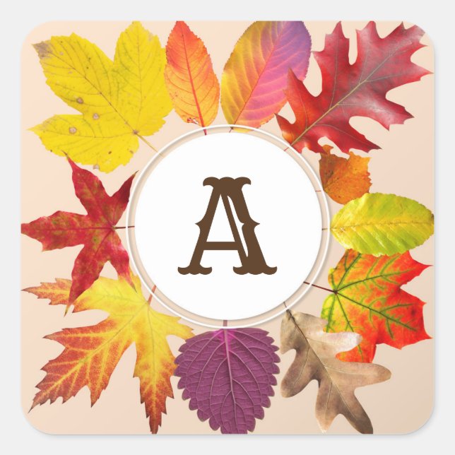 Fall leaves monogram square sticker (Front)
