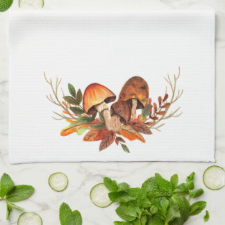 Fall Leaves Mushrooms Retro Tea Towel