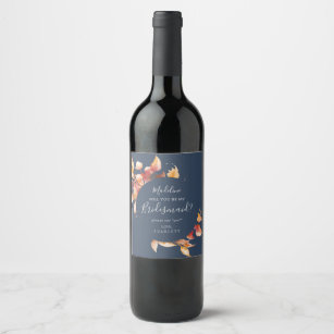 Fall Leaves   Navy Blue Bridesmaid Proposal Wine Label