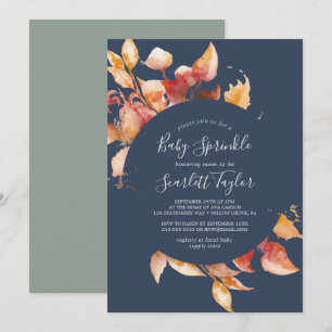 Fall Leaves Navy Blue & Burgundy Baby Sprinkle Invitation