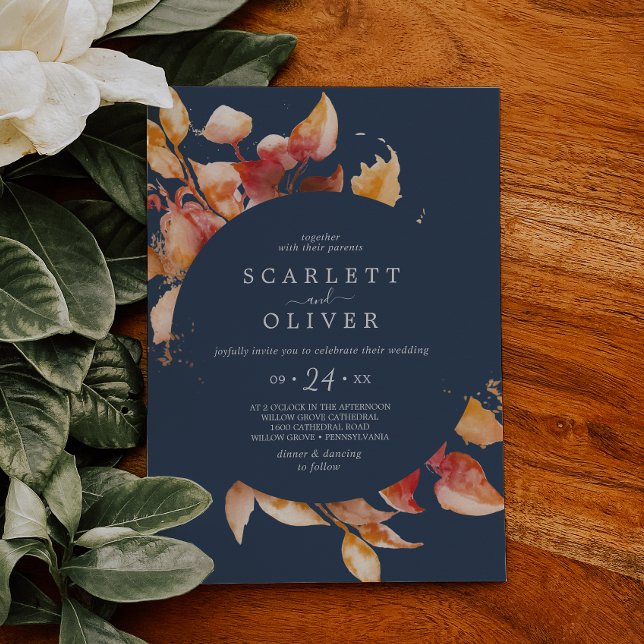 Fall Leaves | Navy Blue & Burgundy Casual Wedding Invitation (Creator Uploaded)
