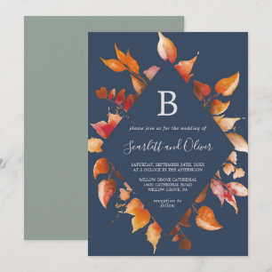 Fall Leaves   Navy Blue & Burgundy Diamond Wedding Invitation