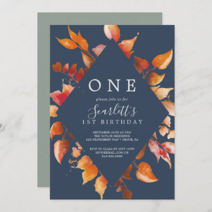 Fall Leaves   Navy Blue & Burgundy First Birthday Invitation