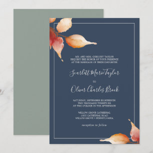 Fall Leaves   Navy Blue & Burgundy Formal Wedding Invitation