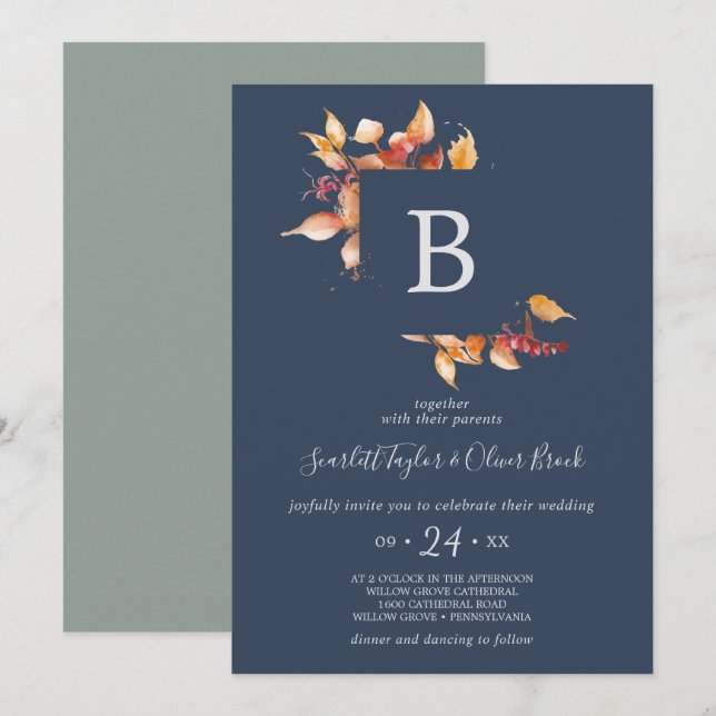 Fall Leaves Navy Blue & Burgundy Monogram Wedding Invitation (Front/Back)