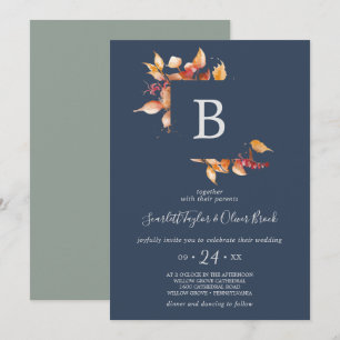 Fall Leaves Navy Blue & Burgundy Monogram Wedding Invitation