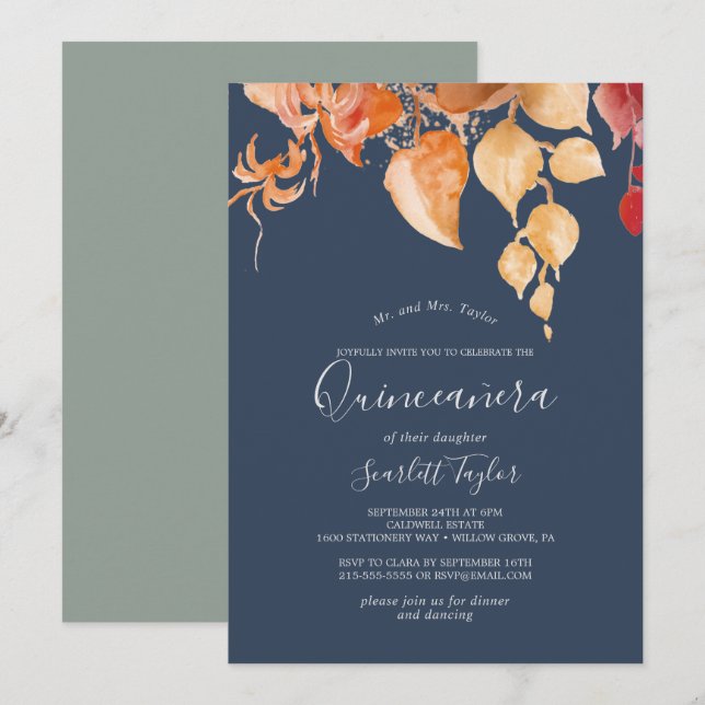 Fall Leaves | Navy Blue & Burgundy Quinceañera Invitation (Front/Back)