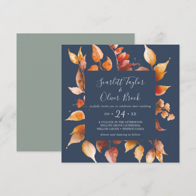 Fall Leaves | Navy Blue & Burgundy Square Wedding Invitation (Front/Back)