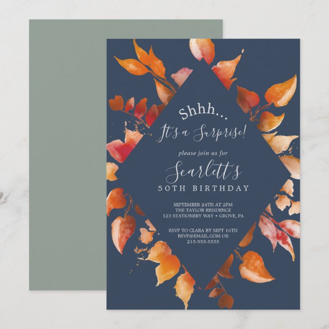 Fall Leaves | Navy Blue & Burgundy Surprise Party Invitation (Front/Back)