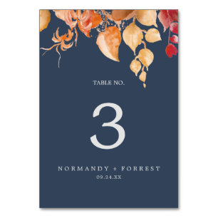Fall Leaves   Navy Blue & Burgundy Table Number