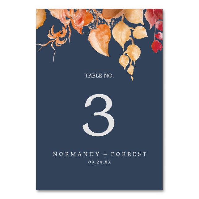 Fall Leaves | Navy Blue & Burgundy Table Number (Front)