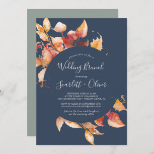 Fall Leaves   Navy Blue & Burgundy Wedding Brunch Invitation