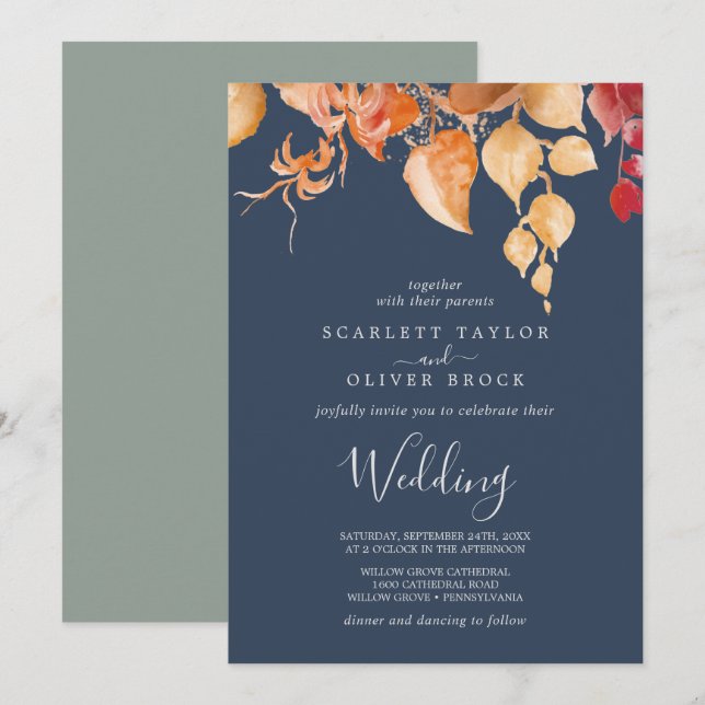 Fall Leaves | Navy Blue & Burgundy Wedding Invitation (Front/Back)