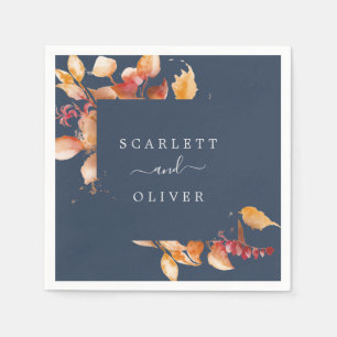 Fall Leaves Navy Blue & Burgundy Wedding Napkin